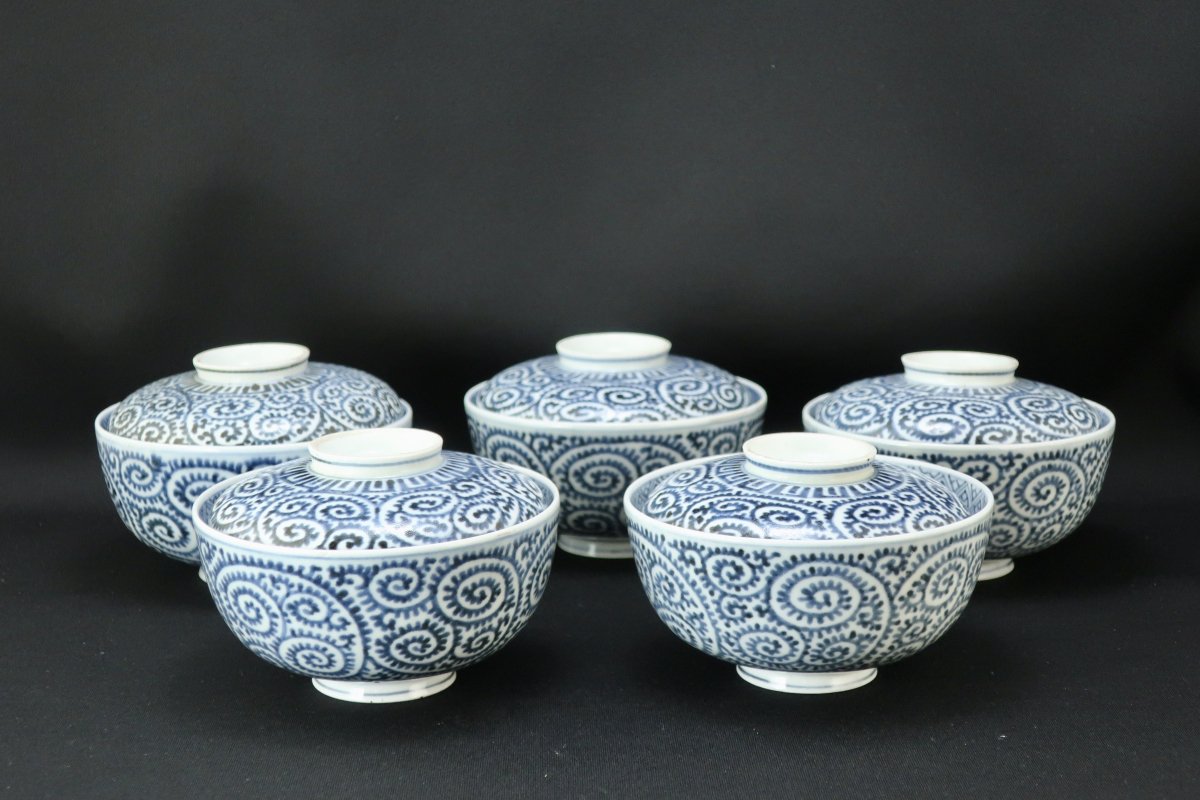伊万里染付蛸唐草文蓋茶碗 五客組 / Imari Blue & White Bowls with 