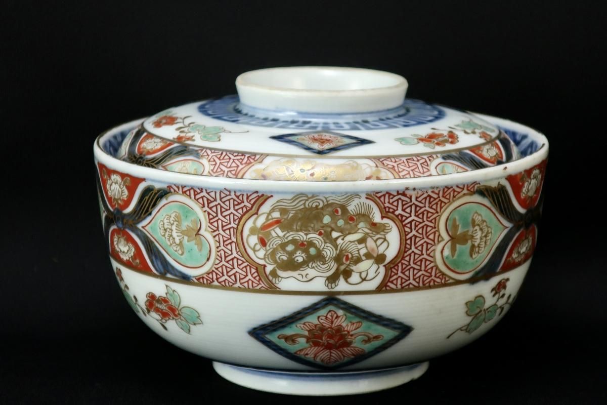 蔵c8177b 伊万里 大聖寺 色絵 花唐宝文 蓋茶碗 五客(染錦)｜売買