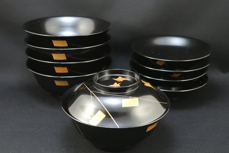 黒塗雀蒔絵椀 / Black-lacquered Soup Bowls with 'Makie' picture of Sparrows  set of 5
