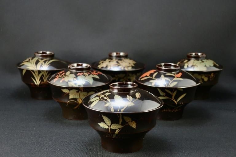 輪島塗 在銘 黒漆塗 熨斗金蒔絵 見返し図 吸物椀 5客 - 生活骨董