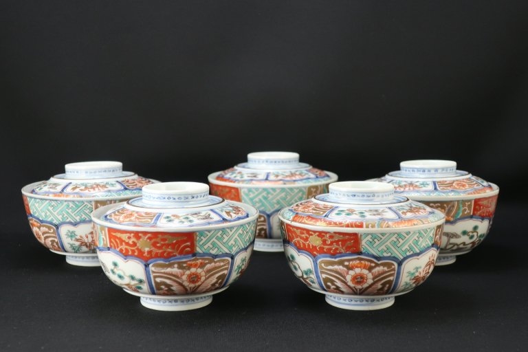 伊万里色絵蓋茶碗　五客組 / Imari Polychrome Bowls with Lids  set of 5