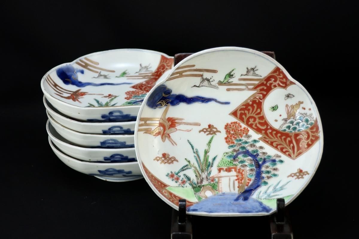 伊万里色絵鶴兎文変形皿 六枚組 Imari Polychrome Plates Set Of 6 Okura Oriental Art 大蔵オリエンタルアート