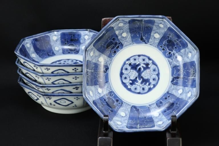 ΤվʸȬѤʤޤ / Imari Octagonal Bleu & White 'Namasu' Bowls  set of 5