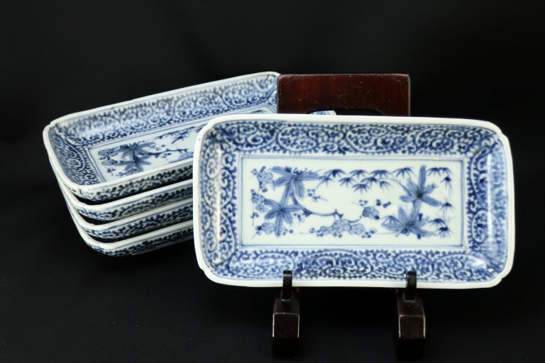 伊万里染付蛸唐草松竹梅文長皿　五枚組 / Imari Rectangular Blue & White Plates  set of 5