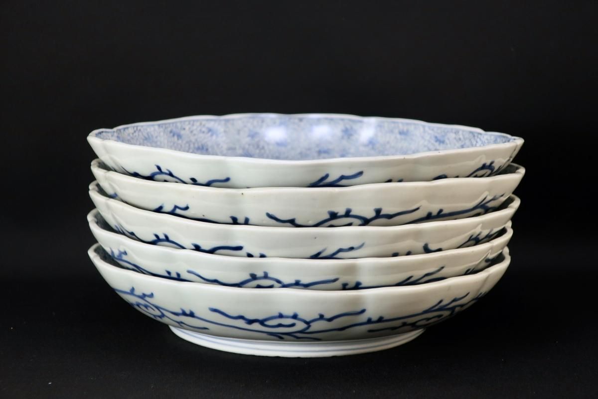 伊万里染付微塵唐草文七寸皿 五枚組 / Imari Blue & White