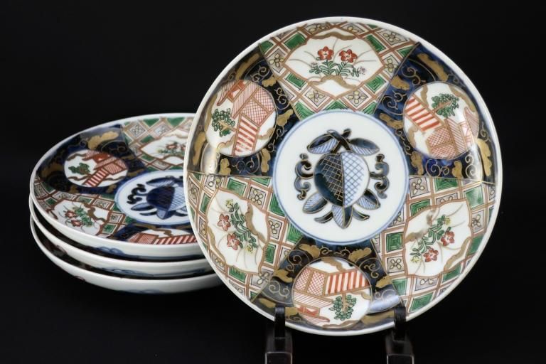 伊万里色絵石畳文六寸皿　四枚組 / Imari Polychrome Plates  set of 4