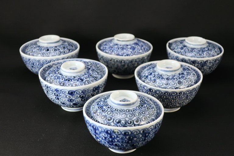 伊万里染付渦文蓋茶碗　6客組 / Imari Blue  & White Bowls with Lids  set of 6