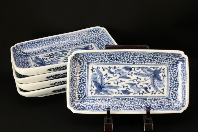 伊万里染付蛸唐草橘桐文長皿　五枚組 / Imari Rectangular Blue & White Plates  set of 5