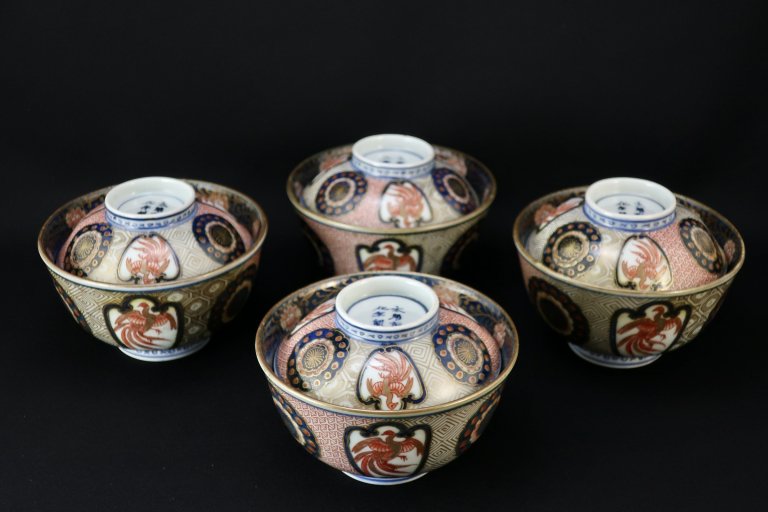 伊万里色絵龍鳳凰文蓋茶碗　四客組 / Imari Polychrome Bowls with Lids  set of 5