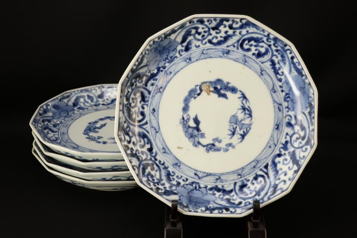 伊万里染付牡丹唐草文七寸皿 五枚組 / Imari Blue & White