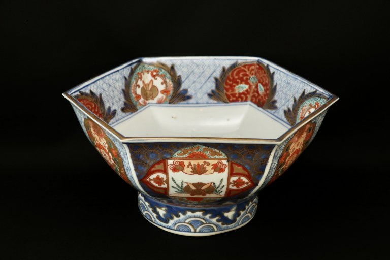 Τϻѻʸ / Imari Hexagonal Polychrome 'Haisen' Sake Cup Washing Bowl