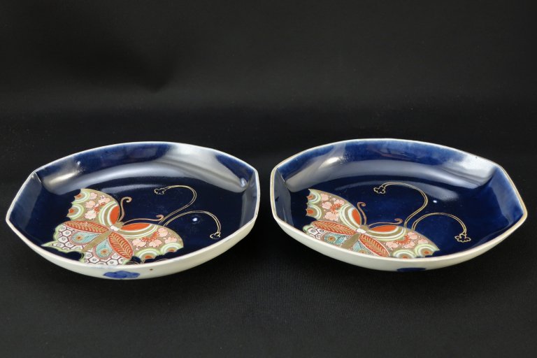 伊万里瑠璃釉蝶文舟形皿　二枚組 / Imari Lapis Lazuli Boat-shaped Plates  set of 2