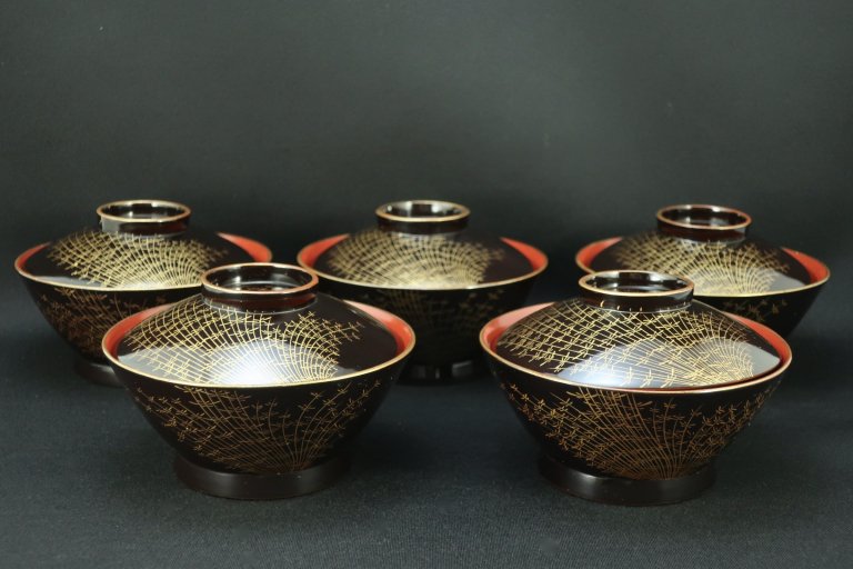 黒塗内朱吸物椀　五客組 / Black & Red- lacquered Soup Bowls with Lids  set of 5