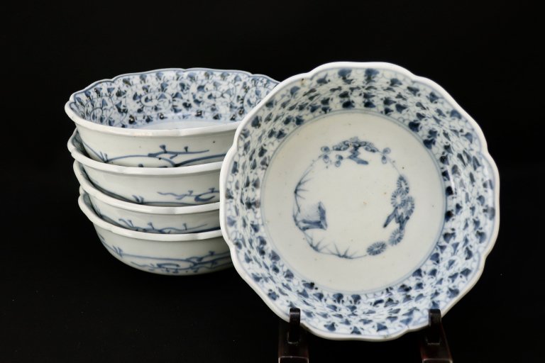 伊万里染付微塵唐草文大なます皿　五枚組 / Imari Large Blue & White 'Namasu' Bowls  set of 5