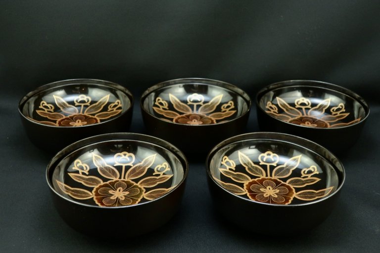 黒塗蒔絵大吸物椀　五客組 / Black-lacquered Large Soup Bowls with Lids  set of 5