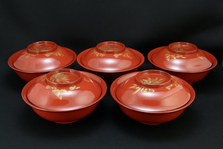 朱塗沈金蒔絵大平椀　五客組 / Red-lacquered Large bowls with Lids  set o f 5