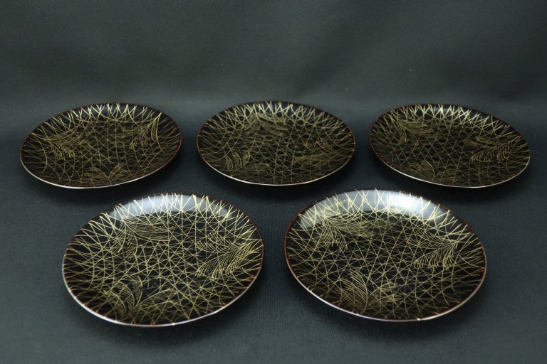 黒塗金蒔絵菓子皿　五枚組 / Black-lacquered Sweet Plates with Gold 'Makie' picture set of 5