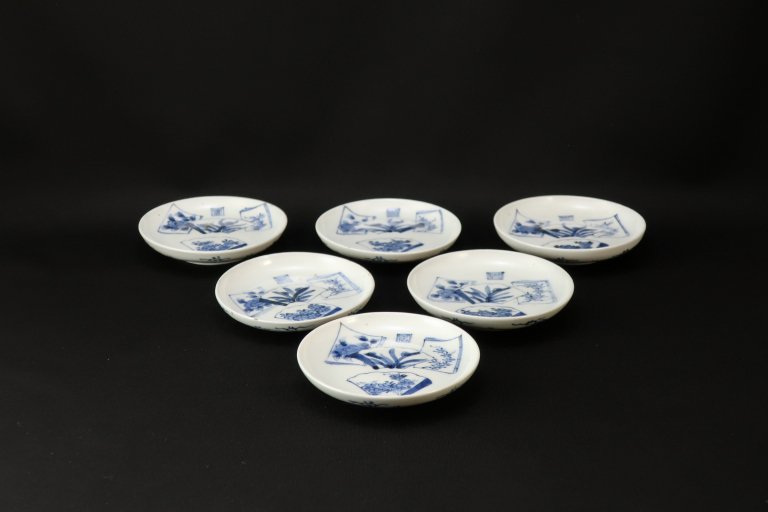 伊万里染付扇面色紙の図小皿　六枚組 / Imari Small Blue & White Plates  set of 6