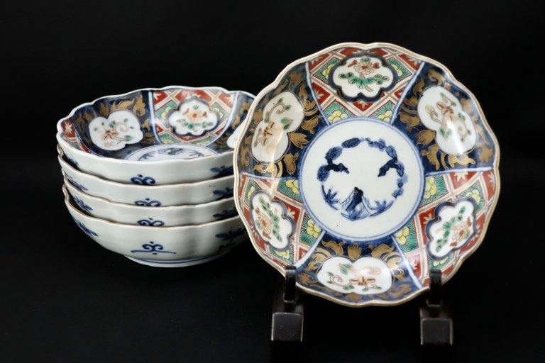 伊万里色絵草花文なます皿　五枚組 / Imari Polychrome 'Namasu' Bowls  set of 5