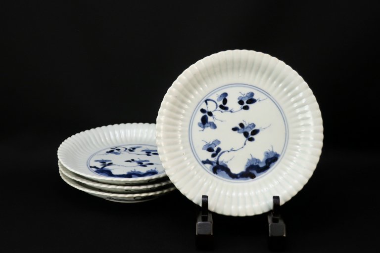 伊万里染付菊花形草花文五寸半皿　四枚組 / Imari Blue & White Chrysanthemum-flower-shaped Plates  set of 4