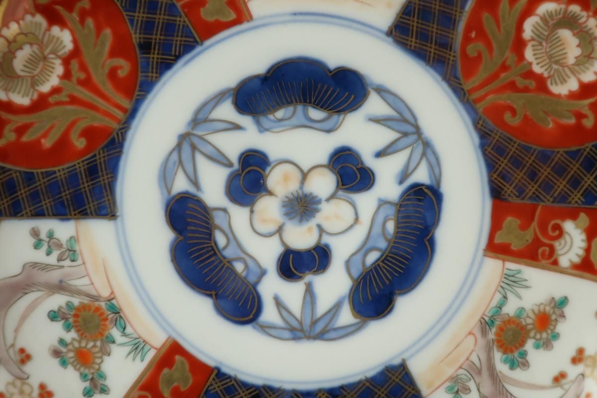 古伊万里　色絵アヒル文様丸皿　5枚　直径18.7㎝　七宝文　珍しい絵付 気質アップ 古伊万里 色絵アヒル文様丸皿 5枚 直径18.7㎝ 七宝文