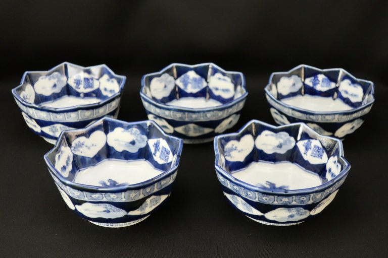 伊万里染付福寿亀文変形向付　五客組 / Imari Blue & White 'Mukoduke' Bowls  set of 5