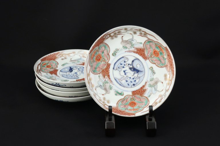 伊万里色絵鶴文五寸皿　五枚組 / Imari Polychrome Plates with the picture of Cranes. set of 5