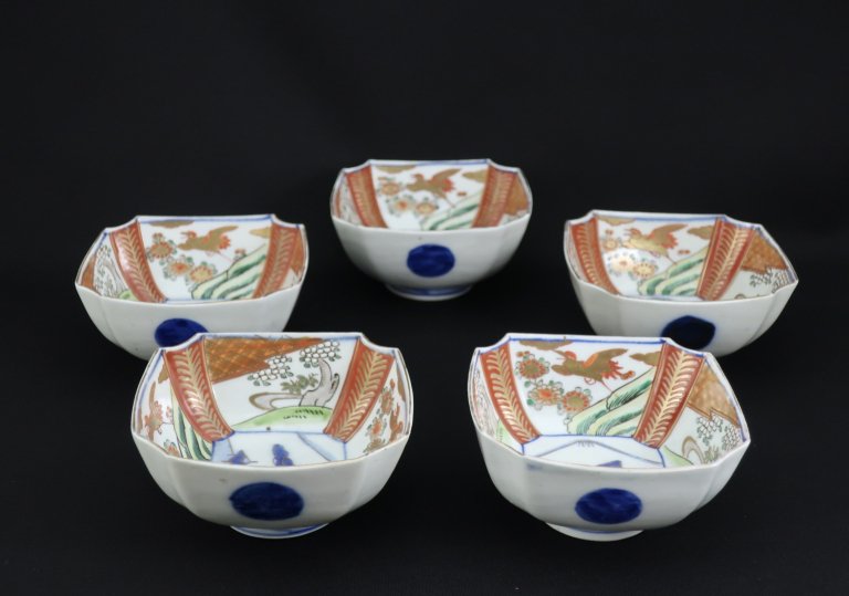 伊万里色絵花鳥文角小鉢　五客組 / Imari Small Square Bowls  set of 5