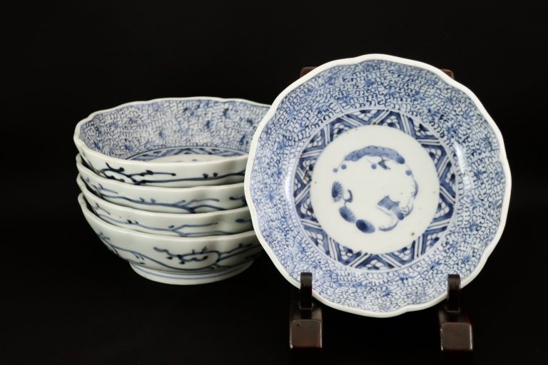 伊万里染付微塵唐草文なます皿　五枚組 / Imari Blue & White 'Namasu' Bowls  set of 5
