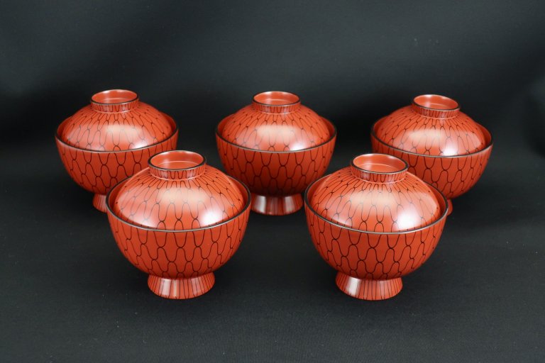 朱塗網手蒔絵吸物碗　五客組 / Red-lacquered Soup Bowls wth Lids  set of 5