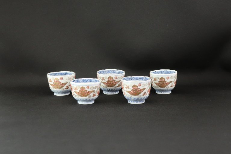 伊万里色絵熨斗文覗猪口　五客組 / Imari Small Polychrome Cups  set of 5