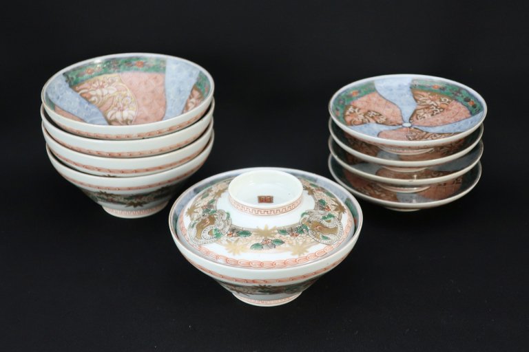 伊万里色絵捻文蓋茶碗　五客組 / Imari Polychrome Bowls with Lids  set of 5