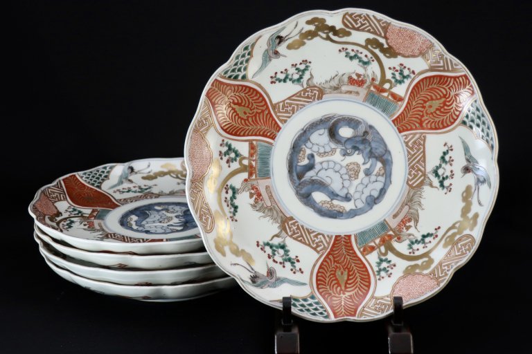 伊万里色絵龍鶴文八寸皿　五枚組 / Imari Polychrome Plates with the picture of Cranes and Dragon  set of 5