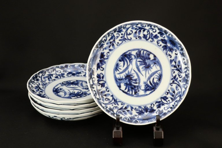 ΤŴǯʸϻ / Imari Blue & White Plates with the picture of Clematis  set of 5