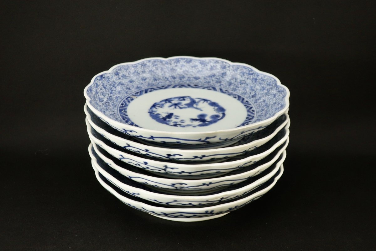 伊万里染付微塵唐草文六寸皿 六枚組 / Imari Blue & White Plates with 