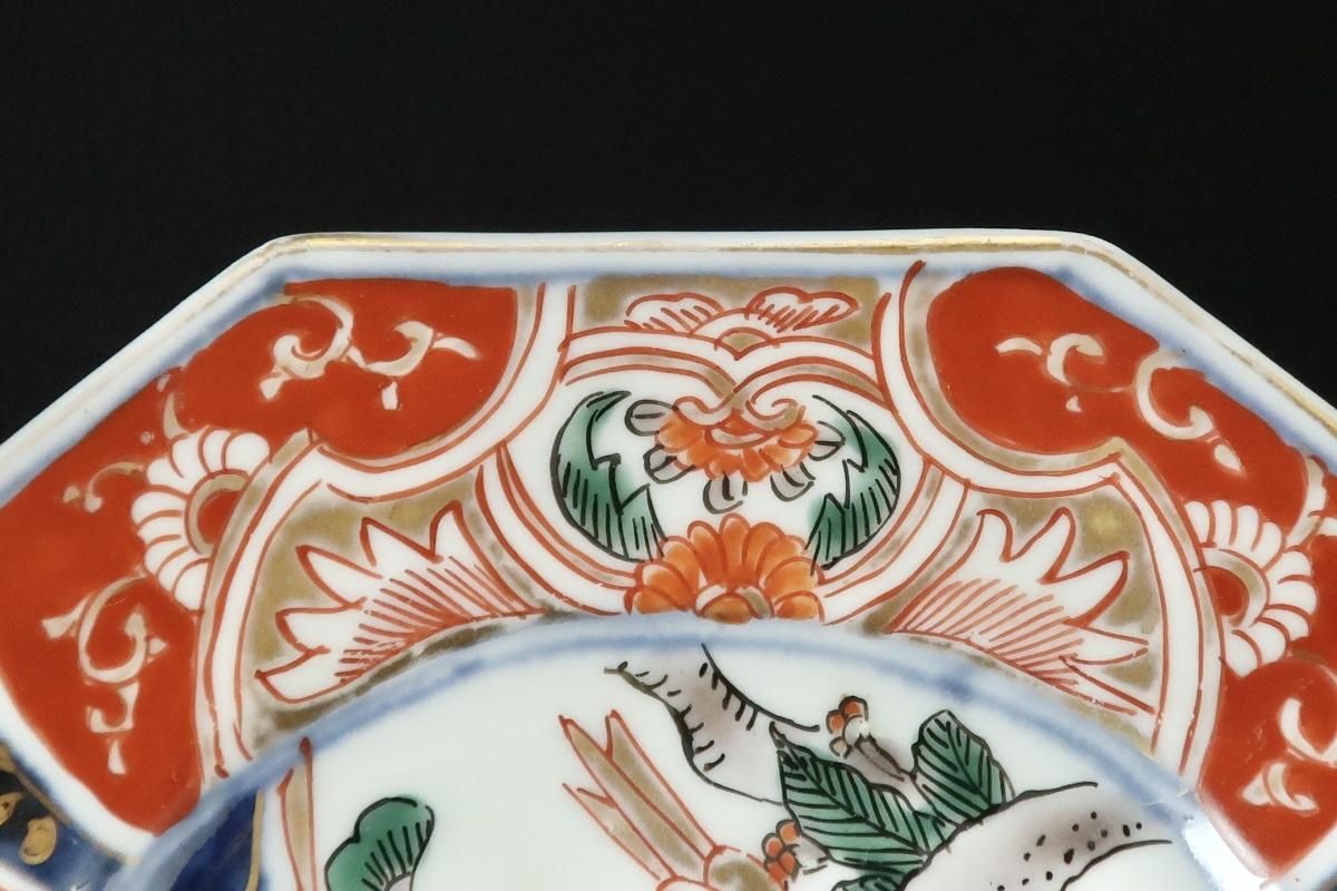 伊万里色絵花鳥文隅切角銘々皿 四枚組 / Imari Polychrome