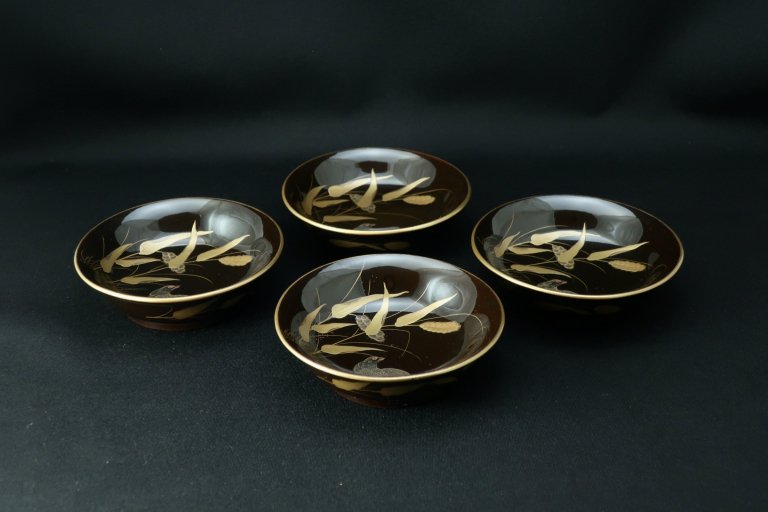 黒塗鶉蒔絵菓子皿　四枚組 / Black-lacquered Sweet Plates  set of 4