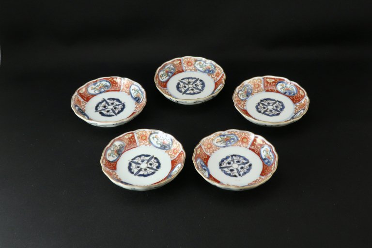 伊万里色絵金彩赤絵窓絵文小皿　五枚組 / Imari Small Polychrome Plates  set of 5
