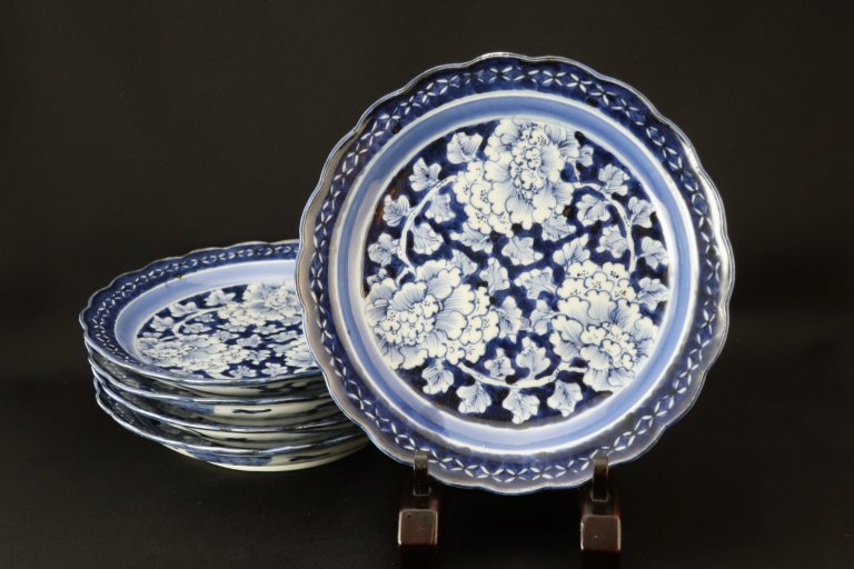 Τղðʸ / Imari Blue & White Plates with the picture of Peonies set of 5