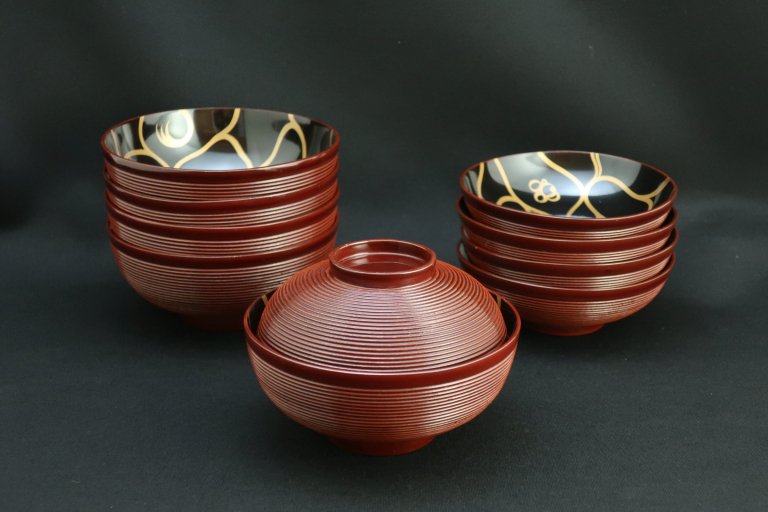 紅溜塗糸目金蒔絵吸物椀　五客組 / Lacquered Soup Bowls with Lids  set of 5