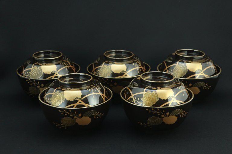 黒塗桐蒔絵吸物椀　五客組 / Black-lacquered Soup Bowls with Lids. set of 5