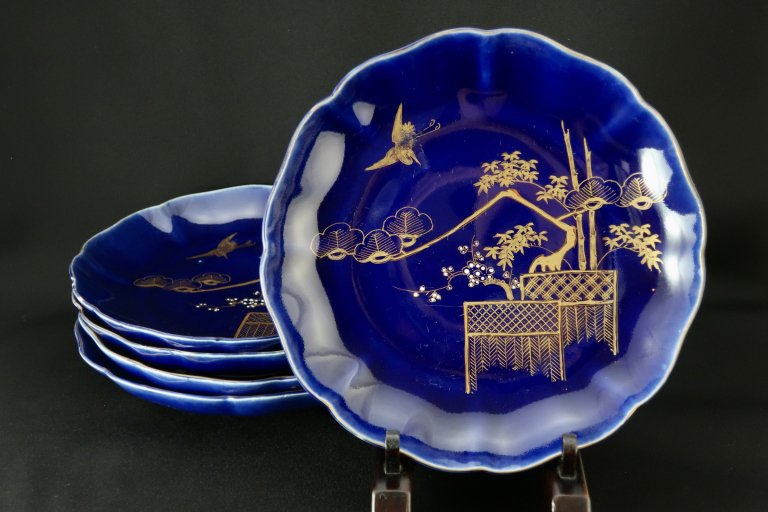 伊万里瑠璃釉金彩松竹梅文七寸皿　五枚組 / Imari Lapis-lazuli-Glazed Plates  set of 5