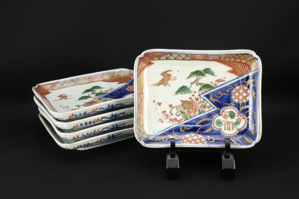 伊万里色絵鶴亀文角皿　五枚組/ Imari Rectangular Polychrome Plates set of 5 - OKURA  ORIENTAL ART / 大蔵オリエンタルアート