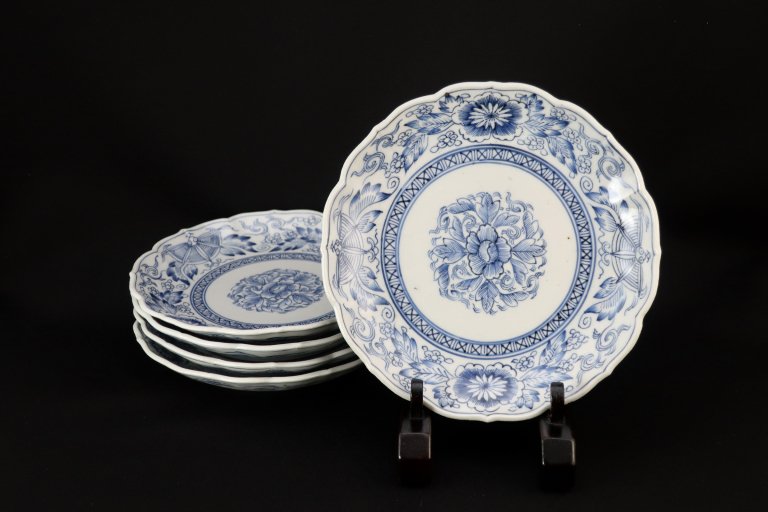 伊万里線描染付牡丹文六寸皿　五枚組 / Imari Blue & White Plates with the picture of Peony  set of 5