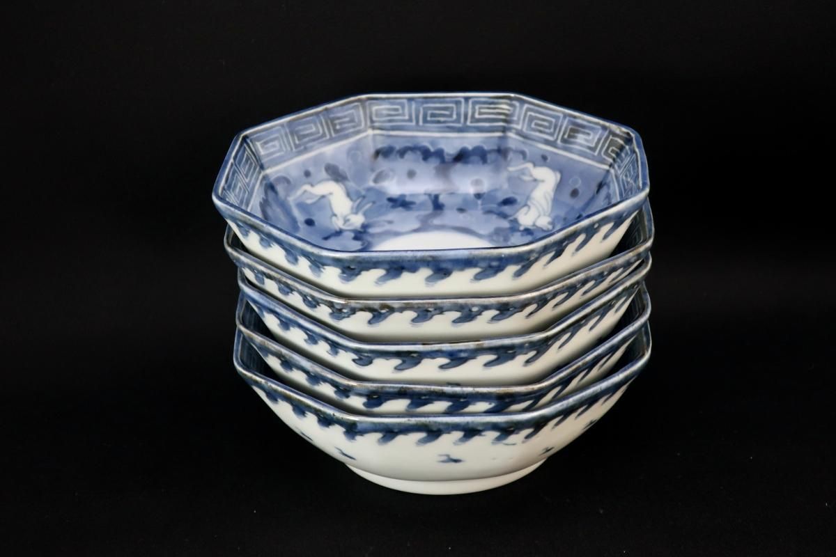伊万里染付波兎文八角なます皿 五枚組 / Imari Octagonal Blue