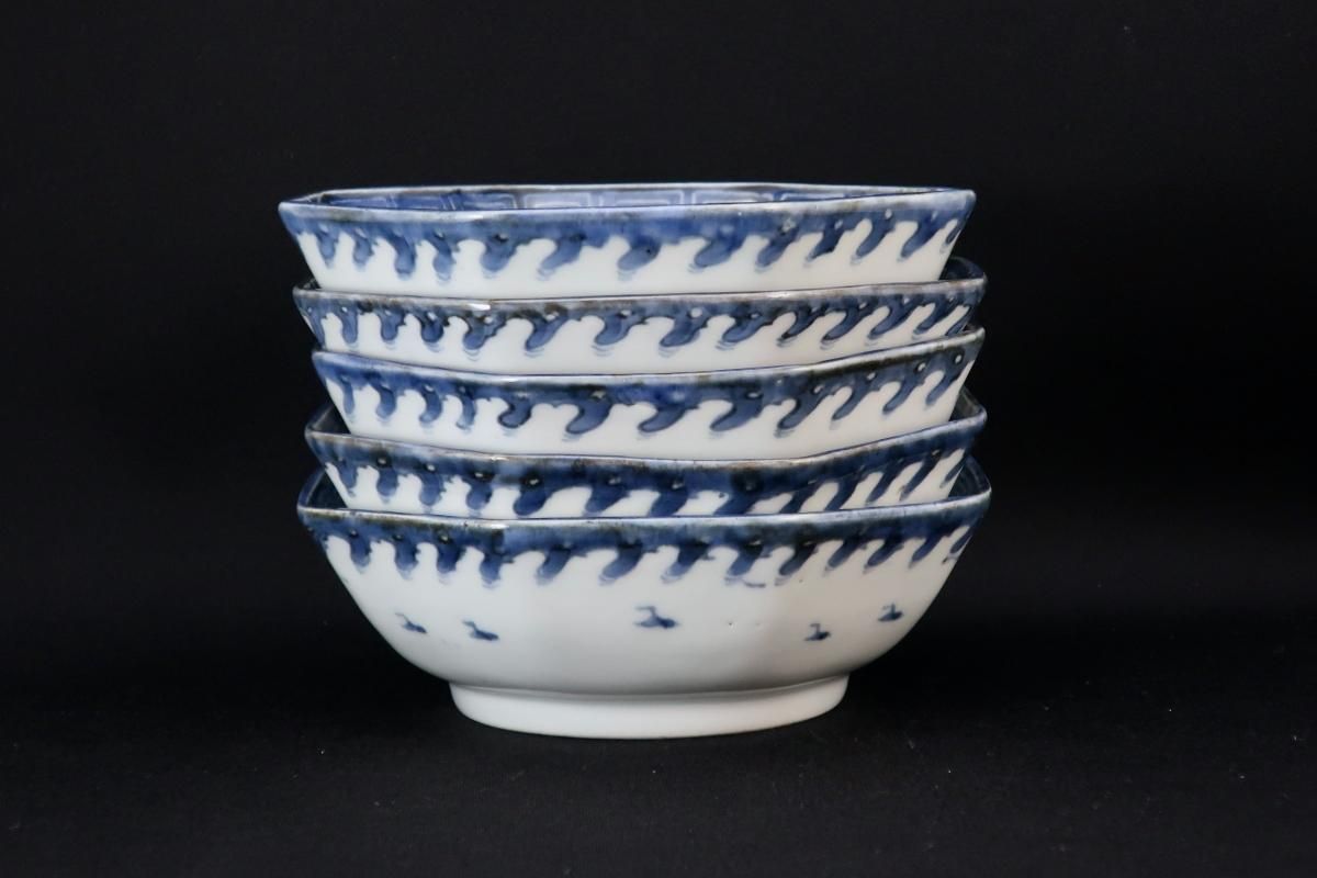 伊万里染付波兎文八角なます皿 五枚組 / Imari Octagonal Blue