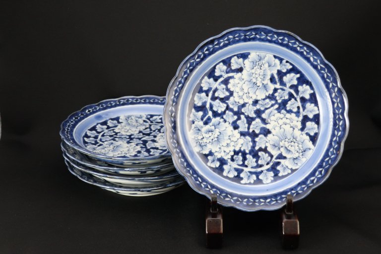 Τղðʸ / Imari Blue & White Plates with the picture of Peonies set of 5