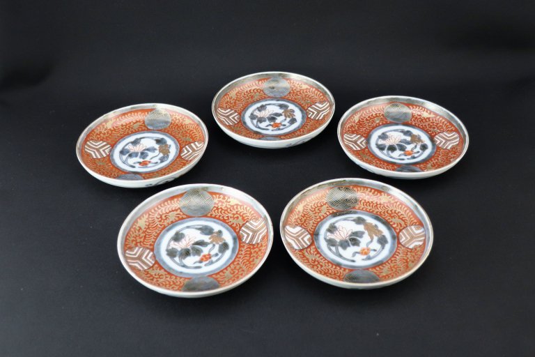 伊万里金彩赤絵丸文四寸皿　五枚組 / Imari Small Polychrome Plates  set of 5