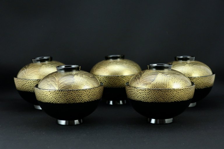 輪島塗沈金蒔絵吸物椀　五客組 / Wajima black-lacquered Soup Bowls with Lids  set of 5
