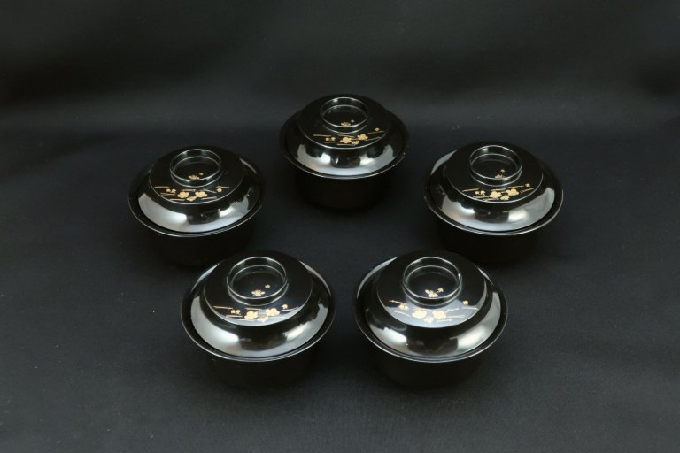 黒塗梅鶴蒔絵小吸物 五客組 / Small Black-lacquered Soup Bowls with Lids  set of 5